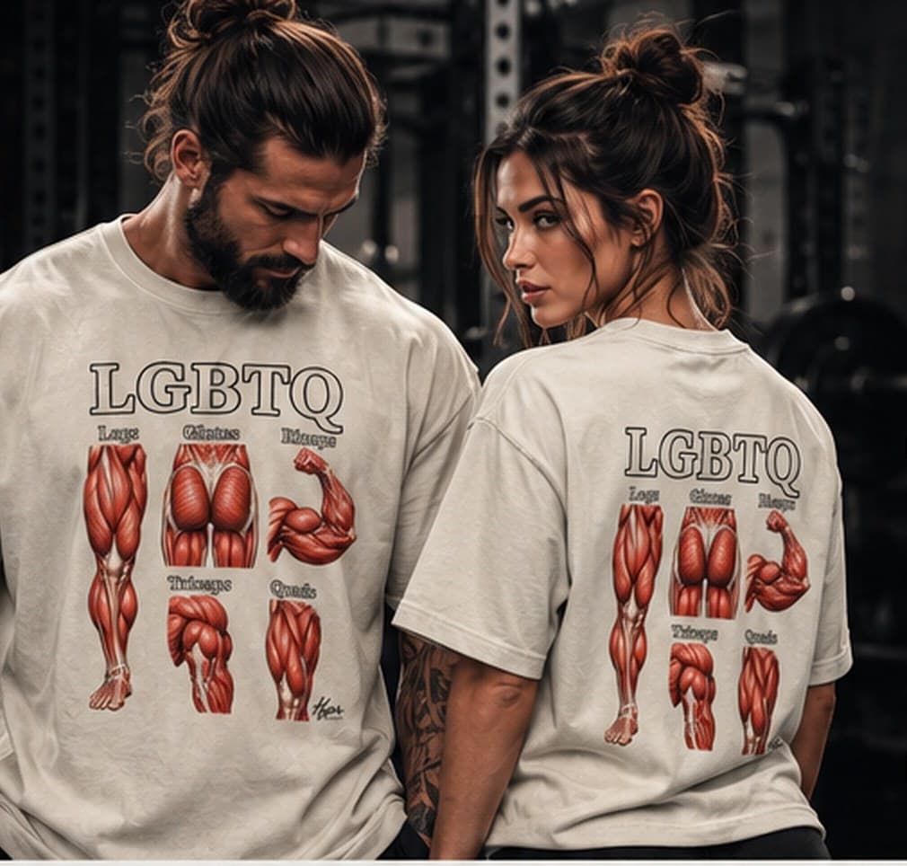 Two lifters wearing the LGBTQ tee